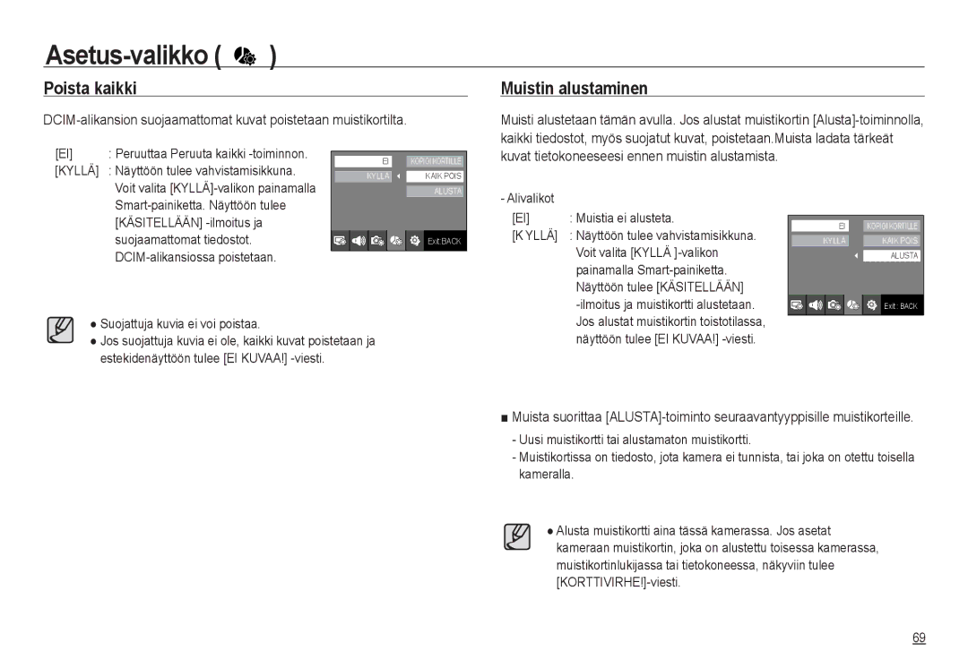 Samsung EC-NV24HBBA/E3 manual Poista kaikki, Muistin alustaminen, Kuvat tietokoneeseesi ennen muistin alustamista, Yllä 