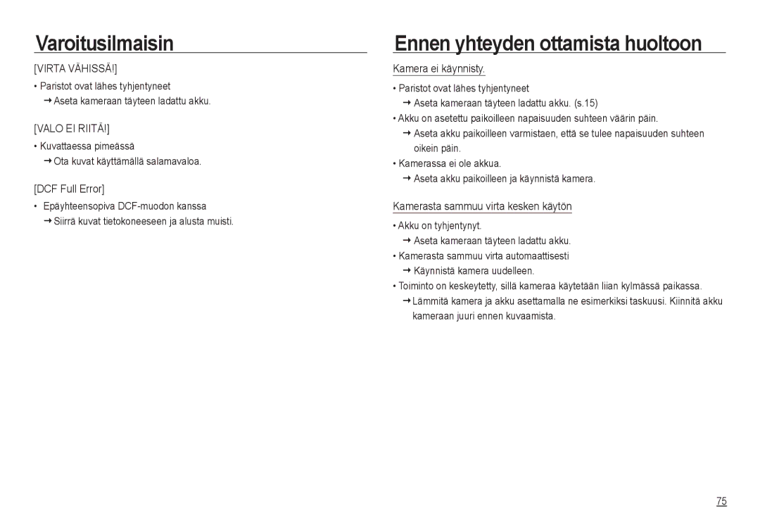 Samsung EC-NV24HBBA/E2, EC-NV24HBBA/E3 manual DCF Full Error, Kamera ei käynnisty, Kamerasta sammuu virta kesken käytön 