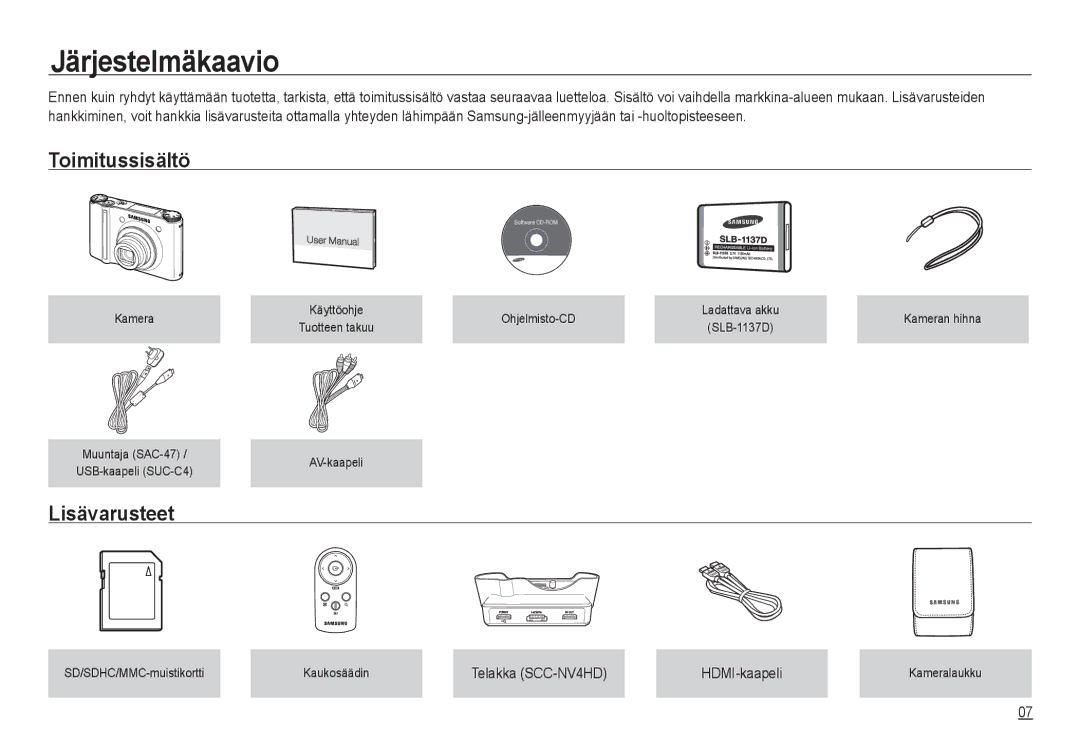 Samsung EC-NV24HSBA/E2, EC-NV24HBBA/E3 Järjestelmäkaavio, Toimitussisältö, Lisävarusteet, Telakka SCC-NV4HD HDMI-kaapeli 