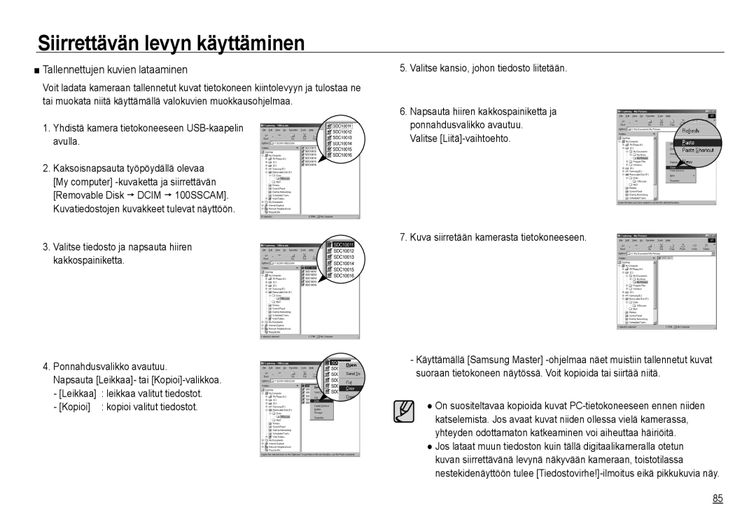 Samsung EC-NV24HBBA/E2, EC-NV24HBBA/E3 manual Siirrettävän levyn käyttäminen, Tallennettujen kuvien lataaminen, Kopioi 