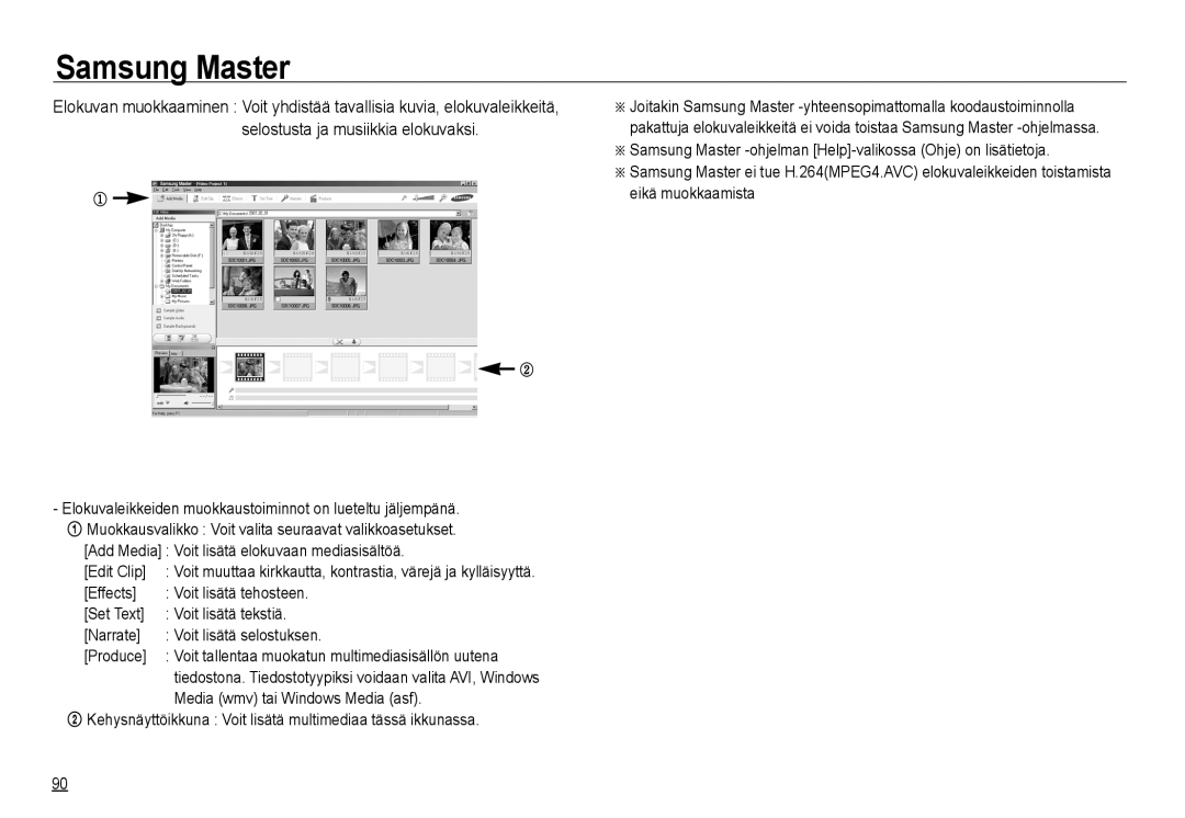 Samsung EC-NV24HBBA/E2 manual Add Media Voit lisätä elokuvaan mediasisältöä Edit Clip, Media wmv tai Windows Media asf 