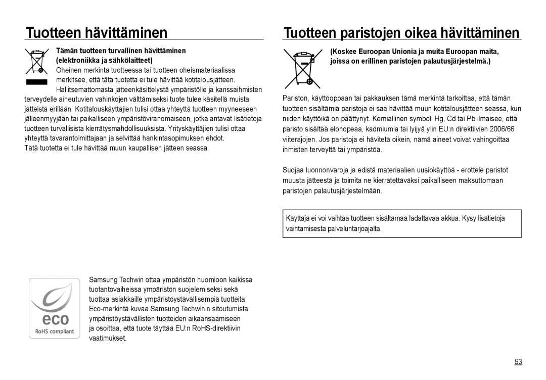 Samsung EC-NV24HBBD/E2, EC-NV24HBBA/E3, EC-NV24HBBA/E2 manual Tuotteen hävittäminen, Tuotteen paristojen oikea hävittäminen 