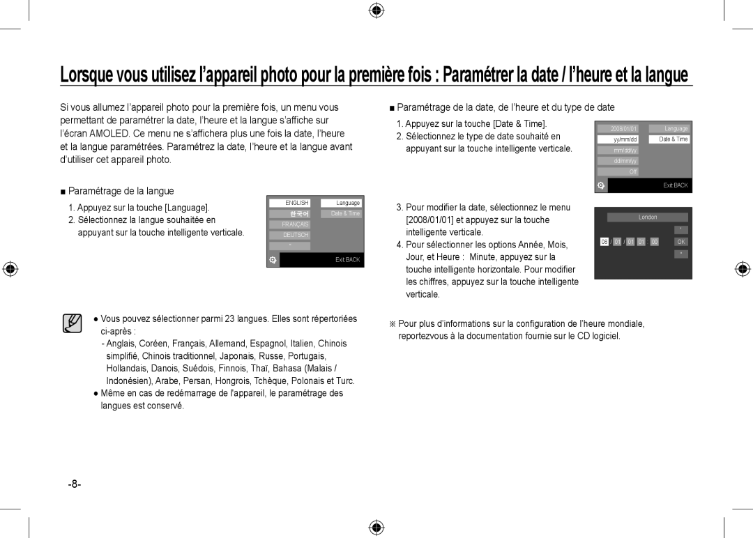 Samsung EC-NV24HSBB/LV manual Paramétrage de la date, de l’heure et du type de date, Appuyez sur la touche Language 