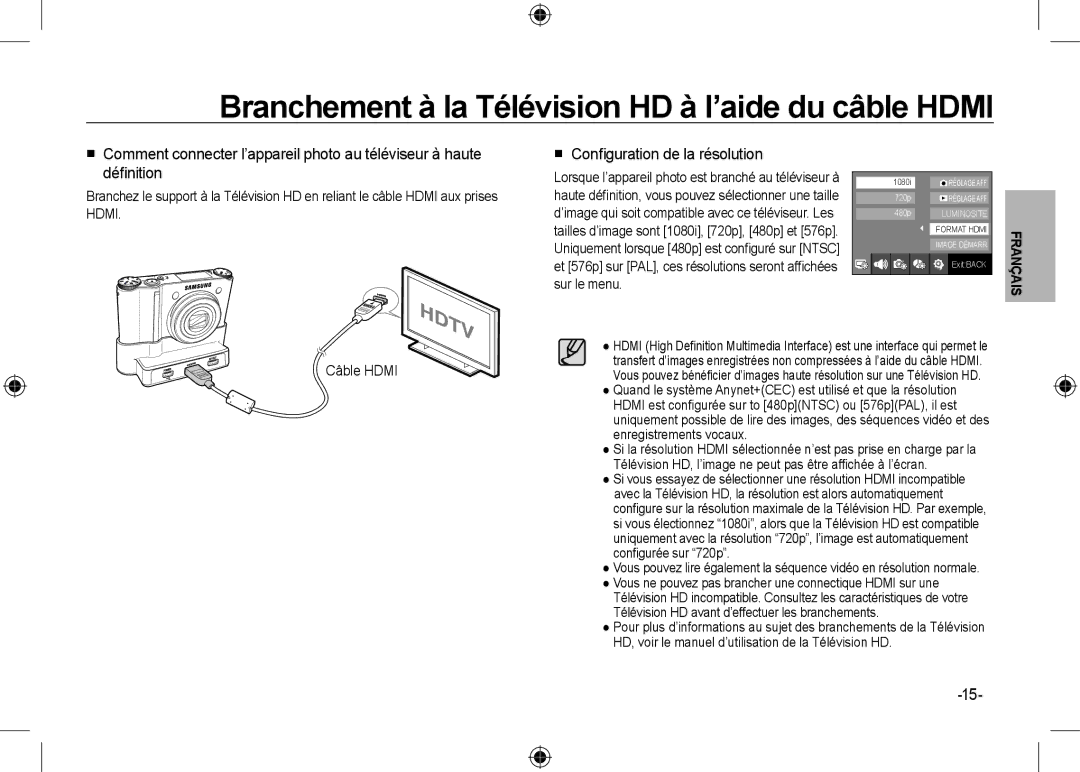 Samsung EC-NV24HBBA/E3 Branchement à la Télévision HD à l’aide du câble Hdmi,  Conﬁguration de la résolution, Câble Hdmi 