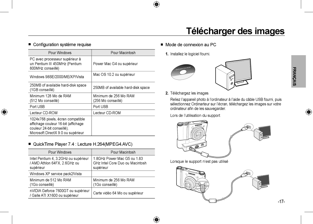 Samsung EC-NV24HBBA/E2, EC-NV24HBBA/E3 Télécharger des images,  Conﬁguration système requise,  Mode de connexion au PC 