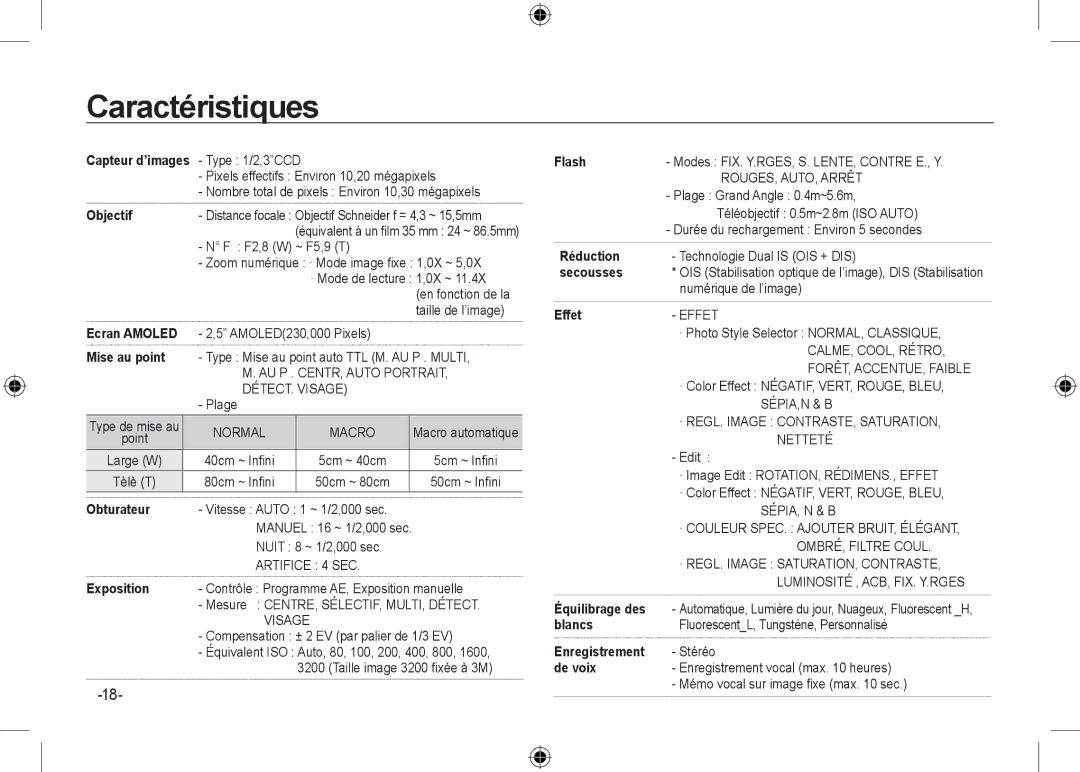 Samsung EC-NV24HSBA/FR, EC-NV24HBBA/E3, EC-NV24HBBB/FR, EC-NV24HBBA/E2, EC-NV24HSBA/E3, EC-NV24HSBA/E2 manual Caractéristiques 