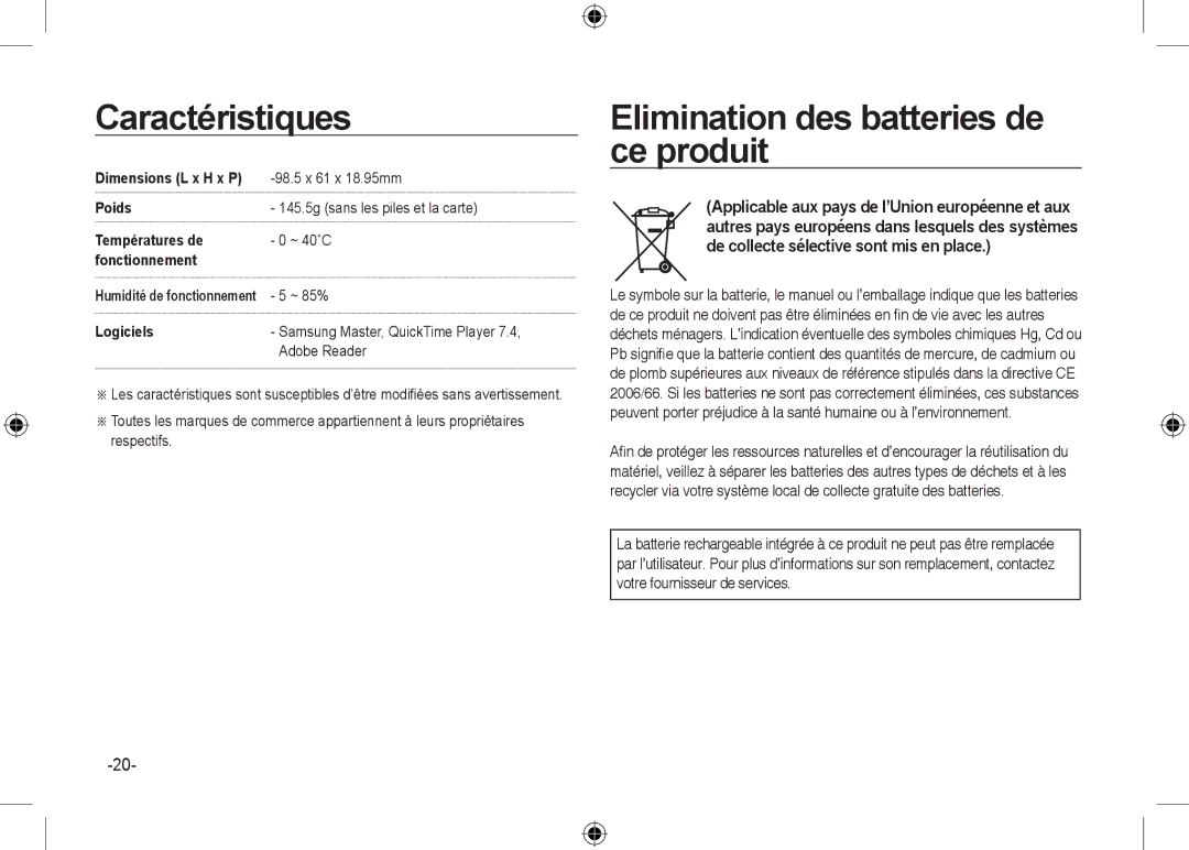 Samsung EC-NV24HSBA/E2, EC-NV24HBBA/E3, EC-NV24HBBB/FR, EC-NV24HBBA/E2 manual Elimination des batteries de ce produit 