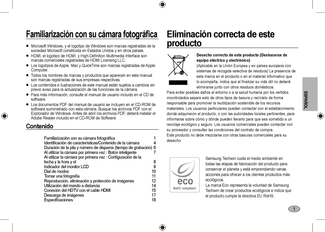 Samsung EC-NV24HBBA/GB, EC-NV24HBBA/E3 Eliminación correcta de este producto, Familiarización con su cámara fotográﬁca 