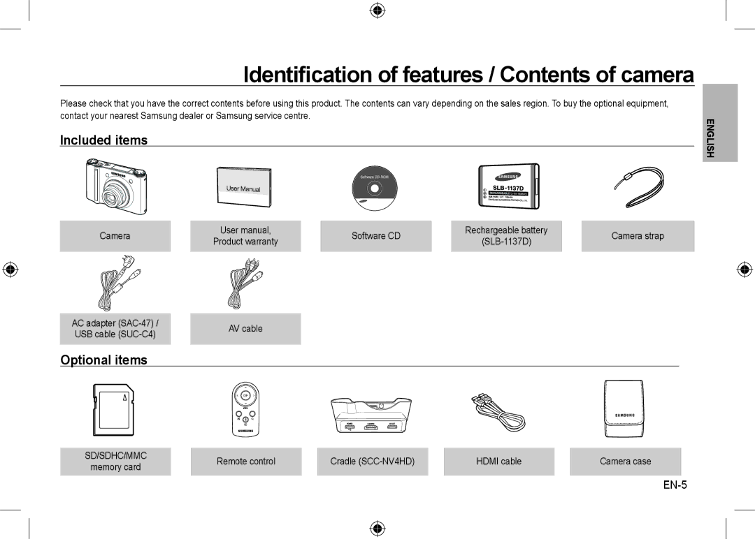 Samsung EC-NV24HSBA/E2, EC-NV24HBBA/E3, EC-NV24HBBB/FR EN-5, Camera Software CD, Remote control Cradle SCC-NV4HD Hdmi cable 