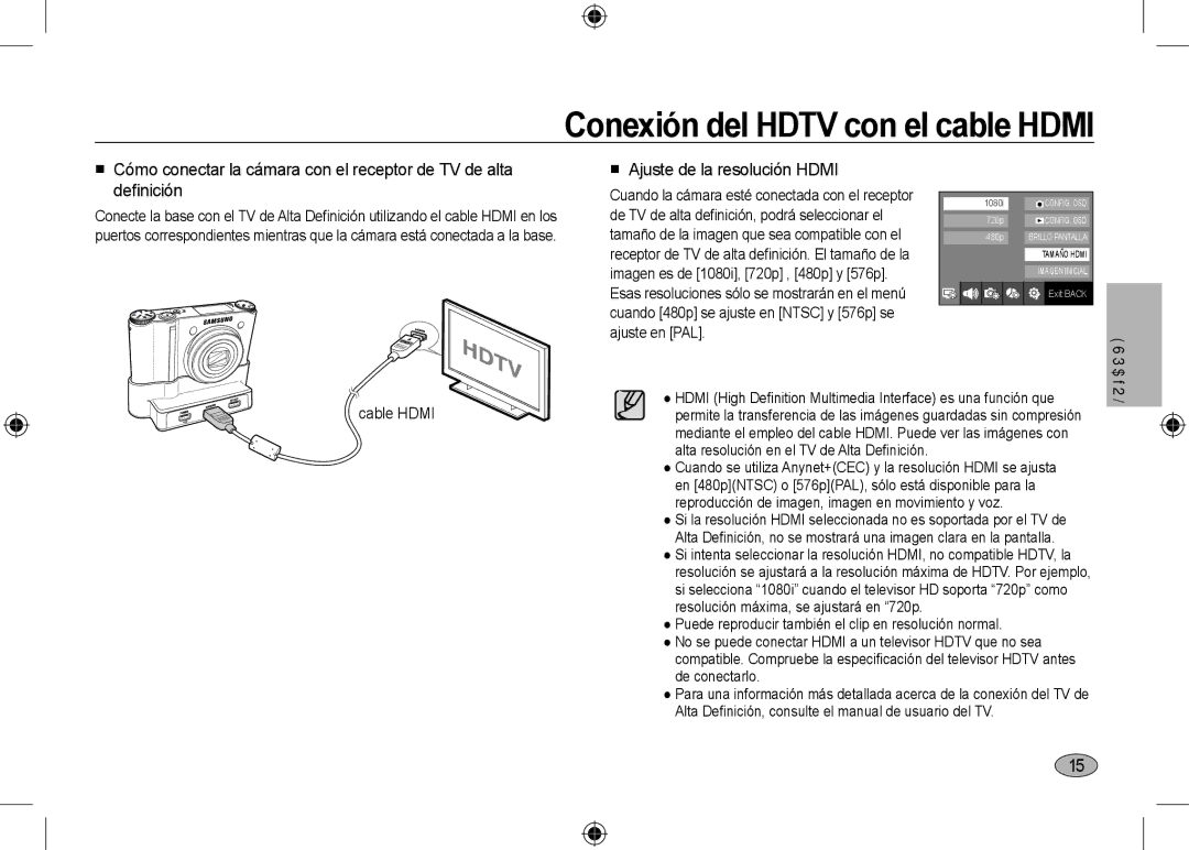 Samsung EC-NV24HBBE/AS, EC-NV24HBBA/E3 Conexión del Hdtv con el cable Hdmi,  Ajuste de la resolución Hdmi, Cable Hdmi 