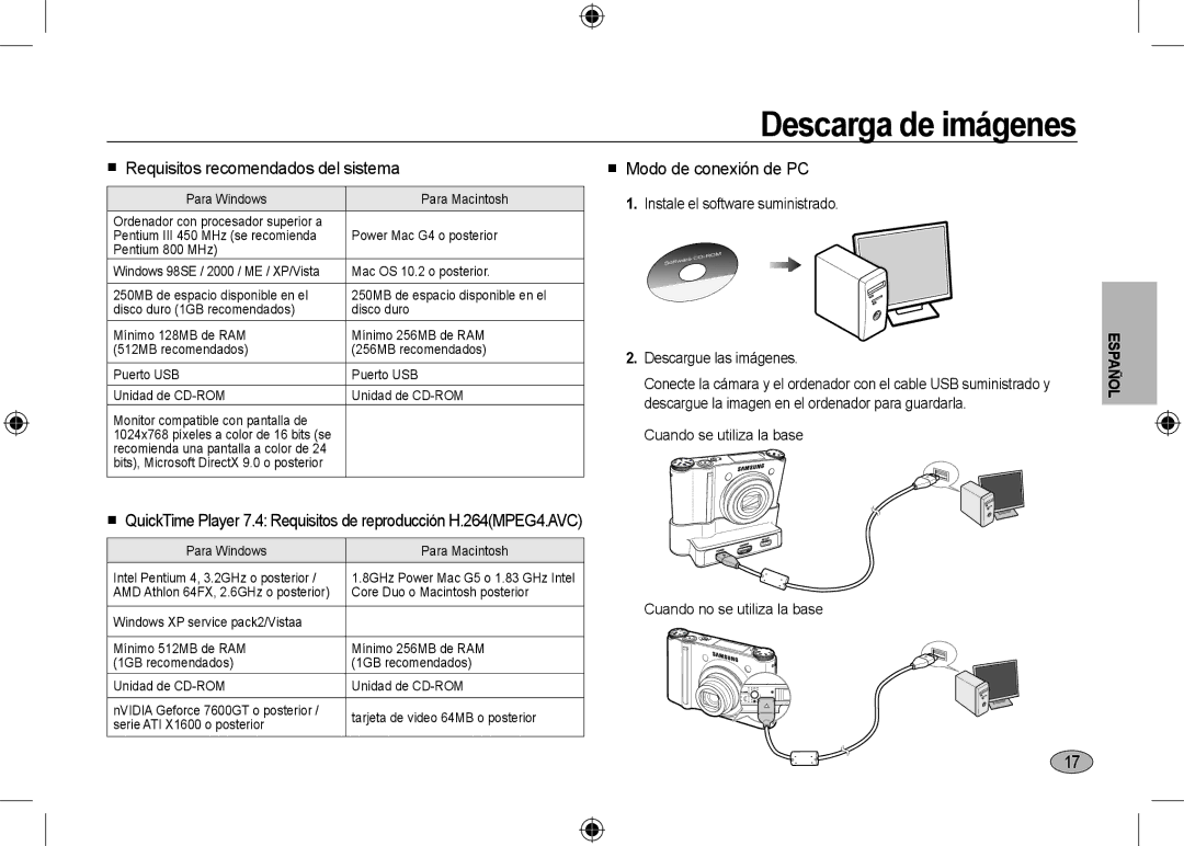 Samsung EC-NV24HSBE/AS manual Descarga de imágenes,  Requisitos recomendados del sistema,  Modo de conexión de PC 