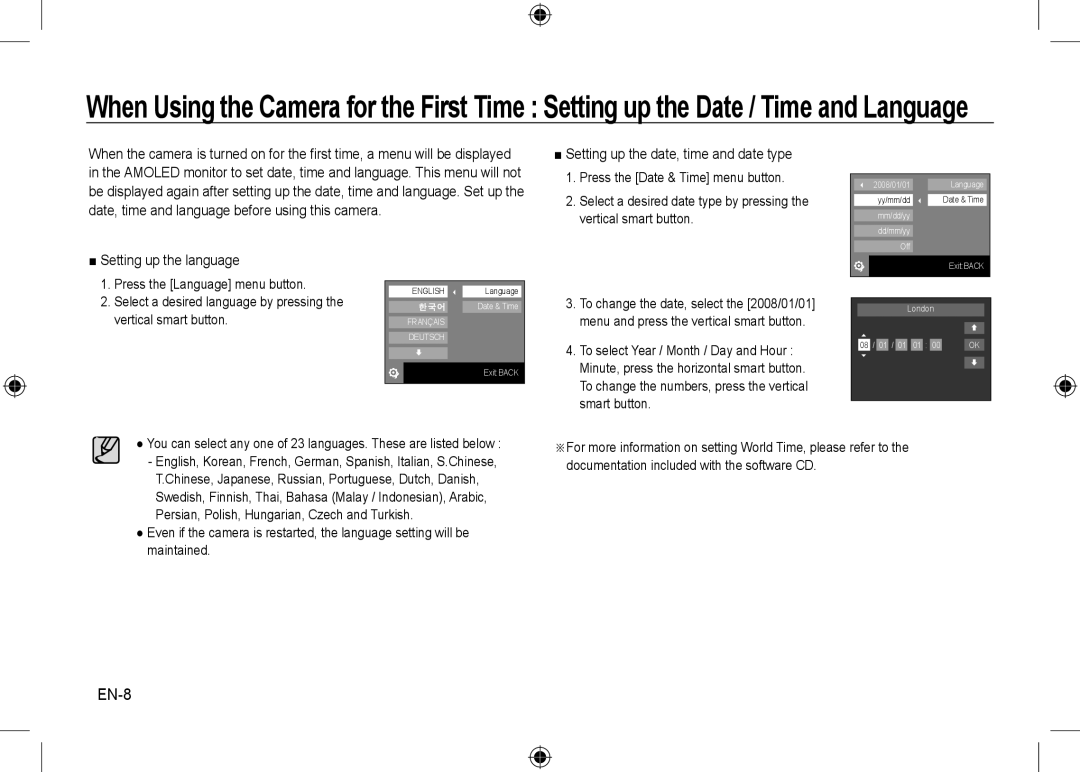 Samsung EC-NV24HSBB/E1 manual EN-8, Setting up the language, Setting up the date, time and date type, Vertical smart button 