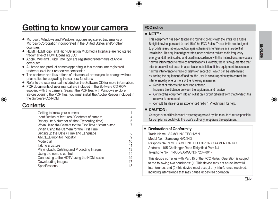 Samsung EC-NV24HBBB/FR, EC-NV24HBBA/E3, EC-NV24HBBA/E2, EC-NV24HSBA/FR manual Getting to know your camera, Contents 