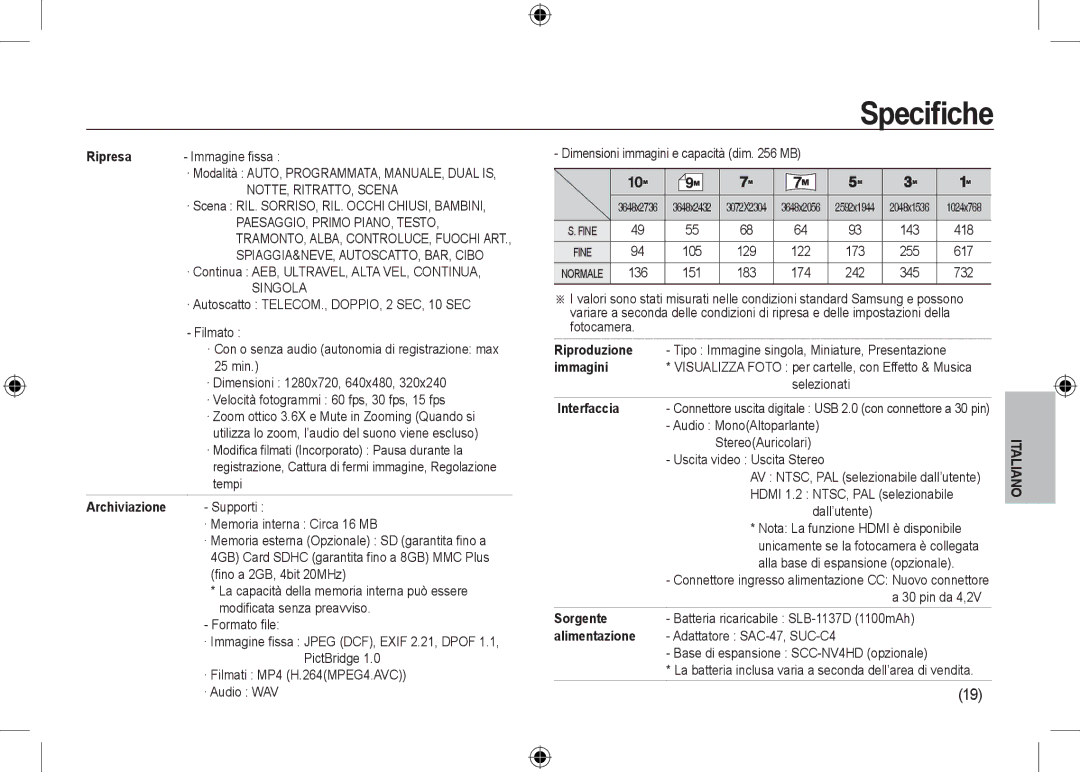 Samsung EC-NV24HSBD/E3 manual Ripresa, Riproduzione, Immagini, Interfaccia, Archiviazione, Sorgente, Alimentazione 