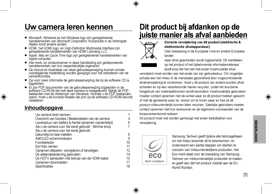 Samsung EC-NV24HBBD/E2, EC-NV24HBBA/E3, EC-NV24HBBB/FR manual Uw camera leren kennen, Opnamen downloaden Speciﬁcaties 