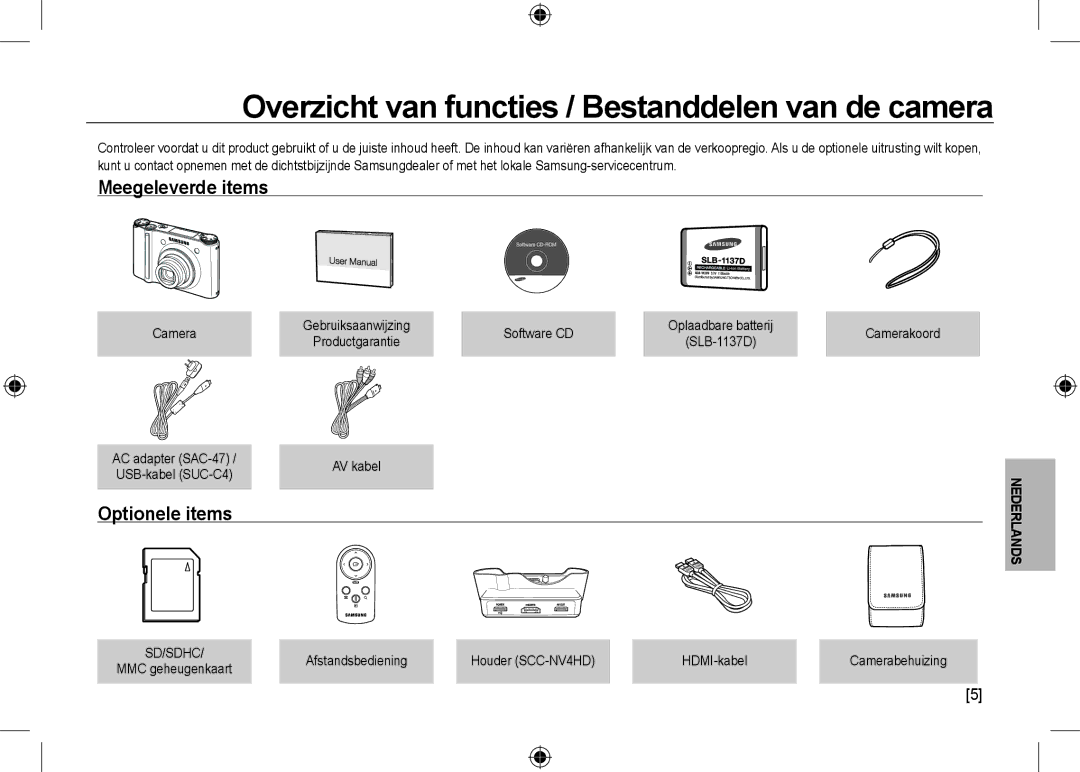 Samsung EC-NV24HBBB/LV manual Meegeleverde items, Optionele items, Camera, Afstandsbediening Houder SCC-NV4HD HDMI-kabel 