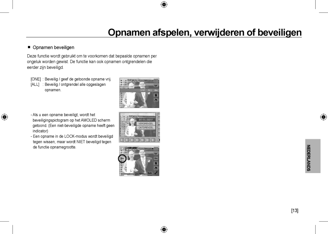 Samsung EC-NV24HSBA/E3, EC-NV24HBBA/E3, EC-NV24HBBB/FR ONE Beveilig / geef de getoonde opname vrij,  Opnamen beveiligen 