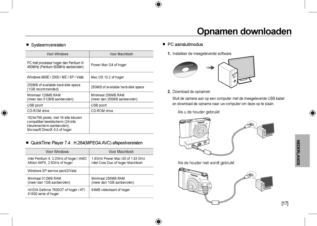 Samsung EC-NV24HSBB/E1 Opnamen downloaden,  Systeemvereisten,  QuickTime Player 7.4 H.264MPEG4.AVC afspeelvereisten 