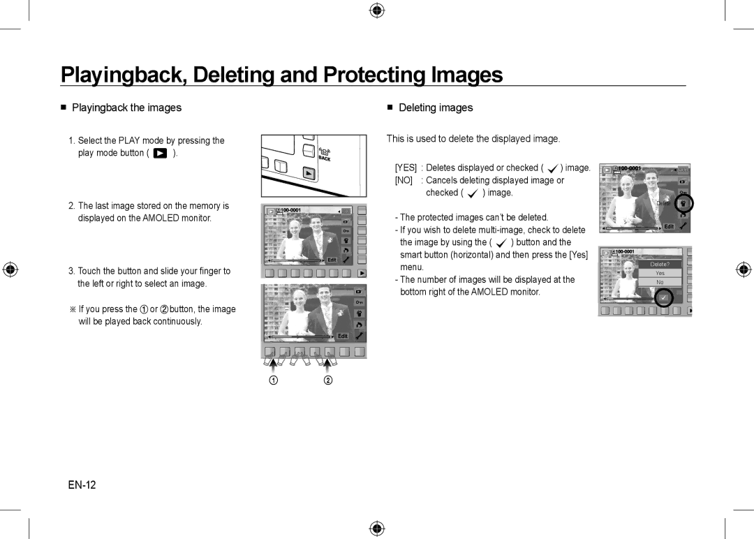 Samsung EC-NV24HSBC/IT Playingback, Deleting and Protecting Images,  Playingback the images  Deleting images, EN-12 