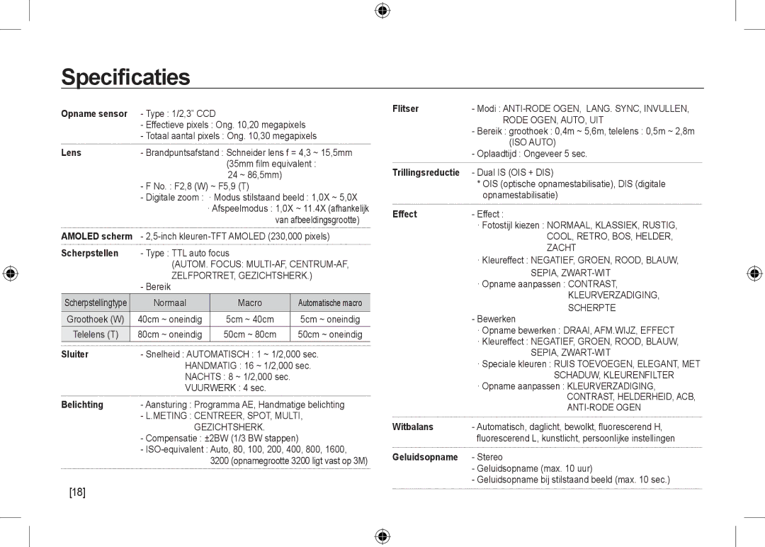 Samsung EC-NV24HSBA/IT, EC-NV24HBBA/E3, EC-NV24HBBB/FR, EC-NV24HBBA/E2, EC-NV24HSBA/FR, EC-NV24HSBA/E3 manual Speciﬁcaties 