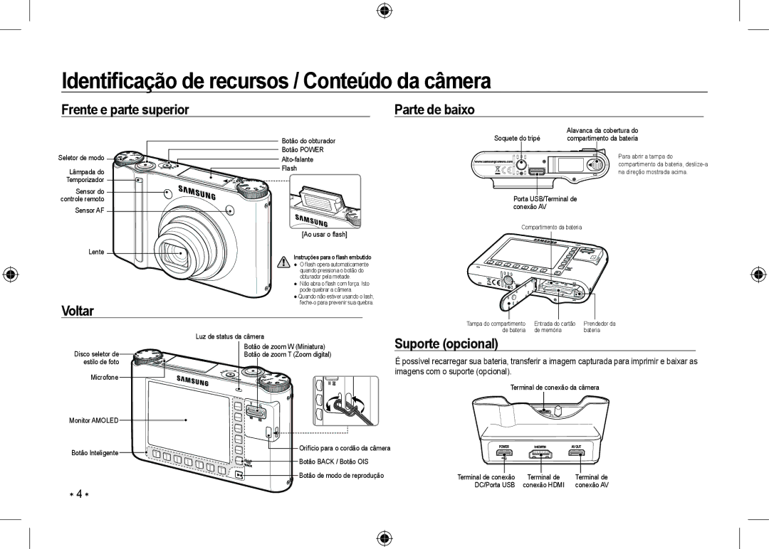 Samsung EC-NV24HSBA/E1 manual Identiﬁcação de recursos / Conteúdo da câmera, Frente e parte superior Parte de baixo, Voltar 