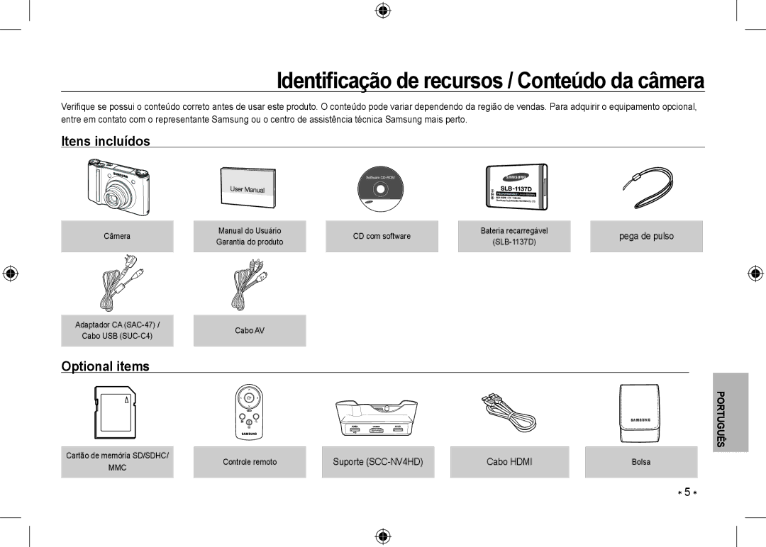 Samsung EC-NV24HBBA/IT, EC-NV24HBBA/E3, EC-NV24HBBB/FR, EC-NV24HBBA/E2 manual Itens incluídos, Suporte SCC-NV4HD Cabo Hdmi 