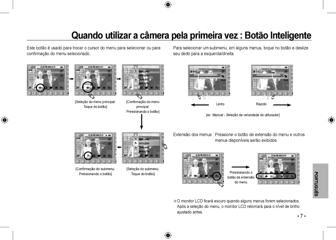 Samsung EC-NV24HBBA/E1, EC-NV24HBBA/E3, EC-NV24HBBB/FR manual Quando utilizar a câmera pela primeira vez Botão Inteligente 