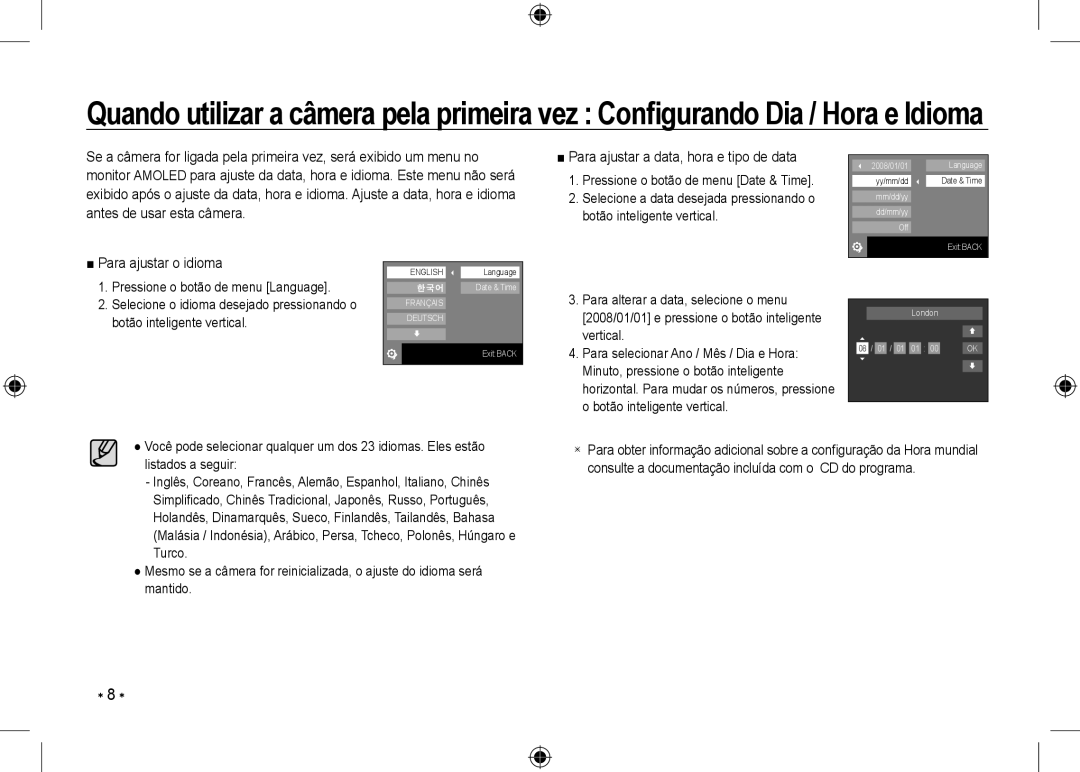 Samsung EC-NV24HBBB/AS Para ajustar a data, hora e tipo de data, Para ajustar o idioma, Pressione o botão de menu Language 