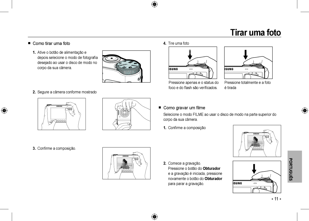 Samsung EC-NV24HSBE/AS, EC-NV24HBBA/E3, EC-NV24HBBB/FR manual Tirar uma foto,  Como tirar uma foto,  Como gravar um ﬁlme 