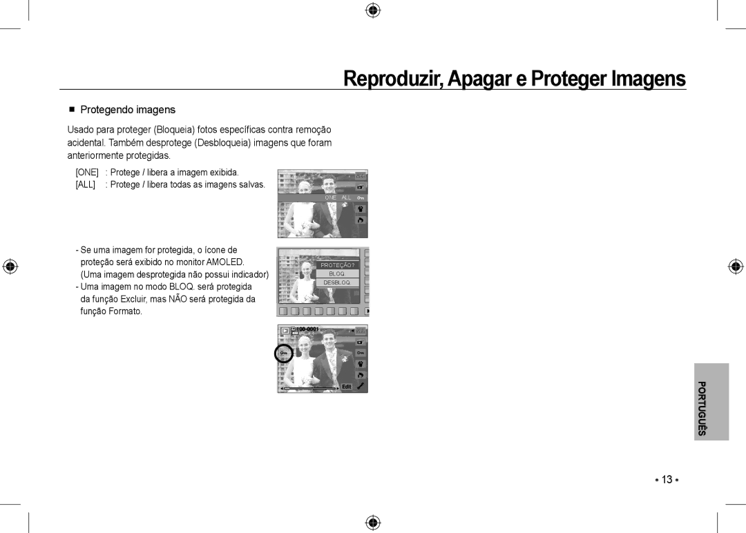 Samsung EC-NV24HBBC/AS, EC-NV24HBBA/E3, EC-NV24HBBB/FR manual  Protegendo imagens, Protege / libera a imagem exibida 