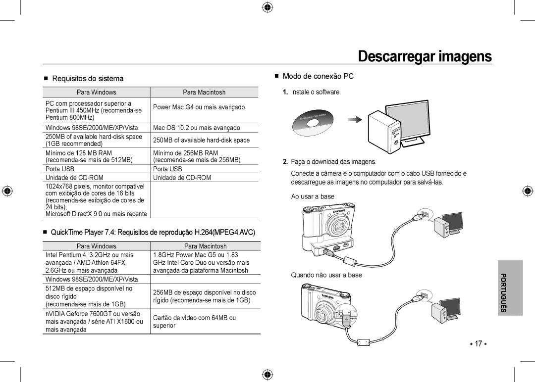 Samsung EC-NV24HBBD/E3, EC-NV24HBBA/E3, EC-NV24HBBB/FR Descarregar imagens,  Requisitos do sistema,  Modo de conexão PC 