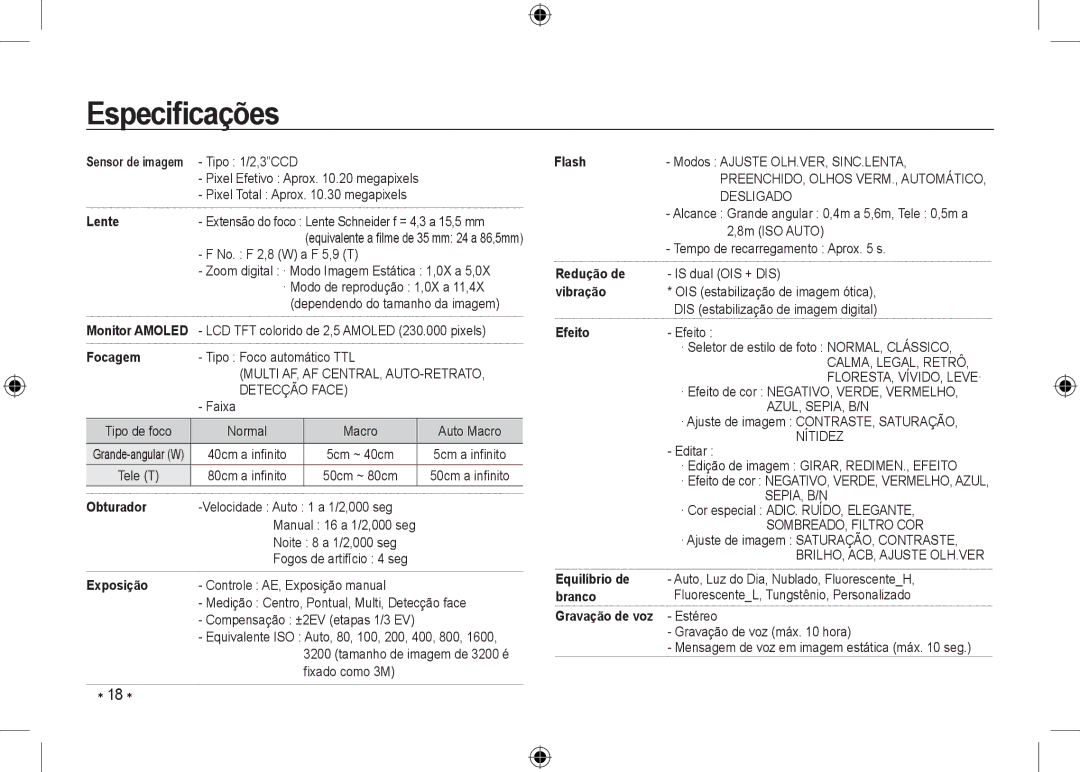 Samsung EC-NV24HBBD/E2, EC-NV24HBBA/E3, EC-NV24HBBB/FR, EC-NV24HBBA/E2, EC-NV24HSBA/FR, EC-NV24HSBA/E3 manual Especiﬁcações 