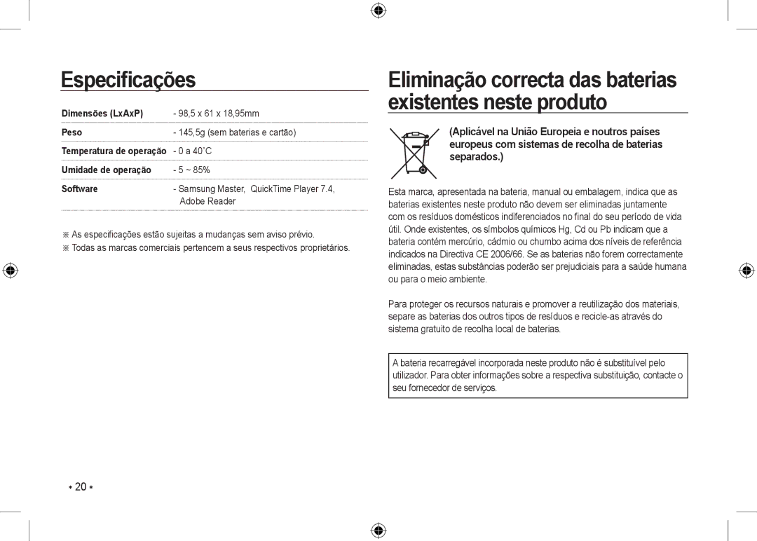 Samsung EC-NV24HSBB/RU Eliminação correcta das baterias existentes neste produto, Dimensões LxAxP, Umidade de operação 