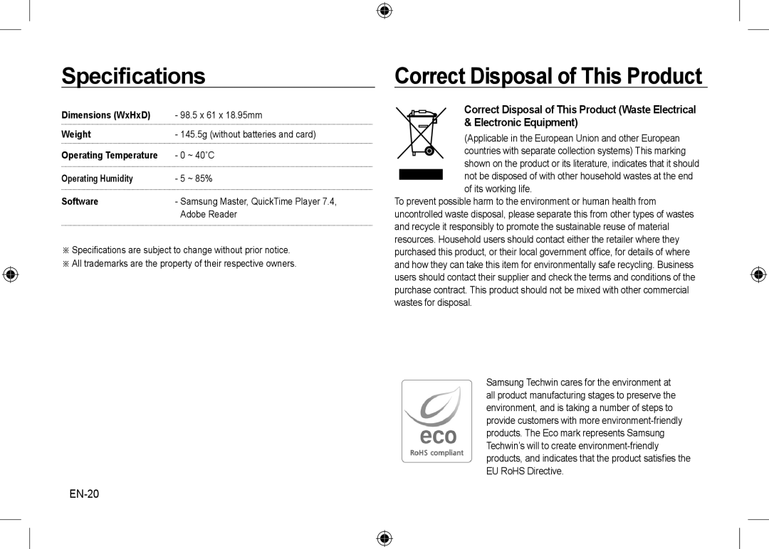 Samsung EC-NV24HBBE/AS, EC-NV24HBBA/E3, EC-NV24HBBB/FR, EC-NV24HBBA/E2 manual Correct Disposal of This Product, EN-20 