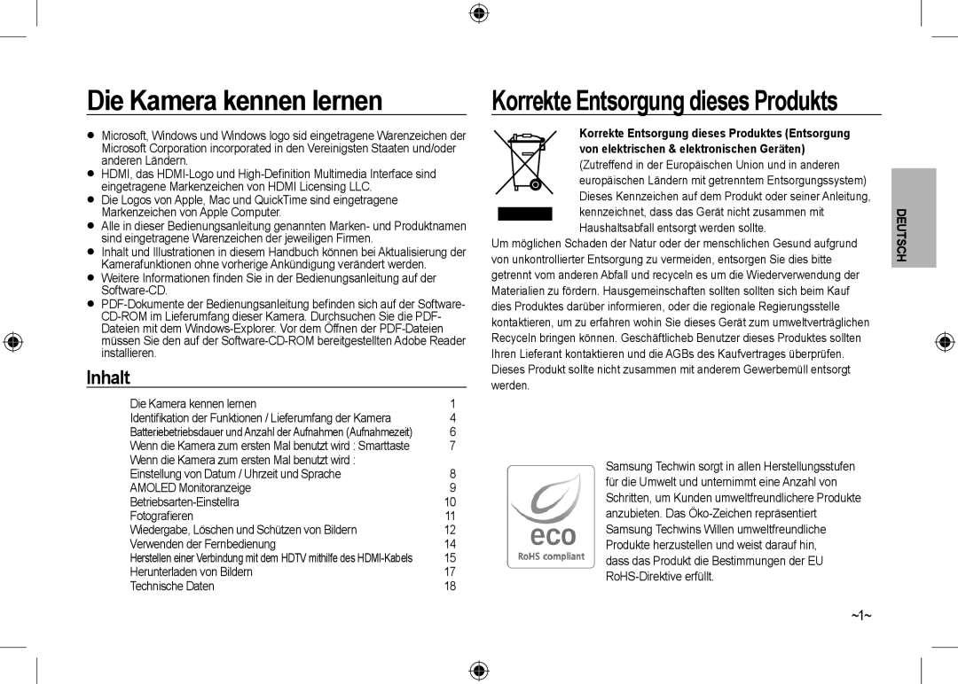 Samsung EC-NV24HBBA/VN, EC-NV24HBBA/E3 manual Die Kamera kennen lernen, ~1~, Herunterladen von Bildern Technische Daten 