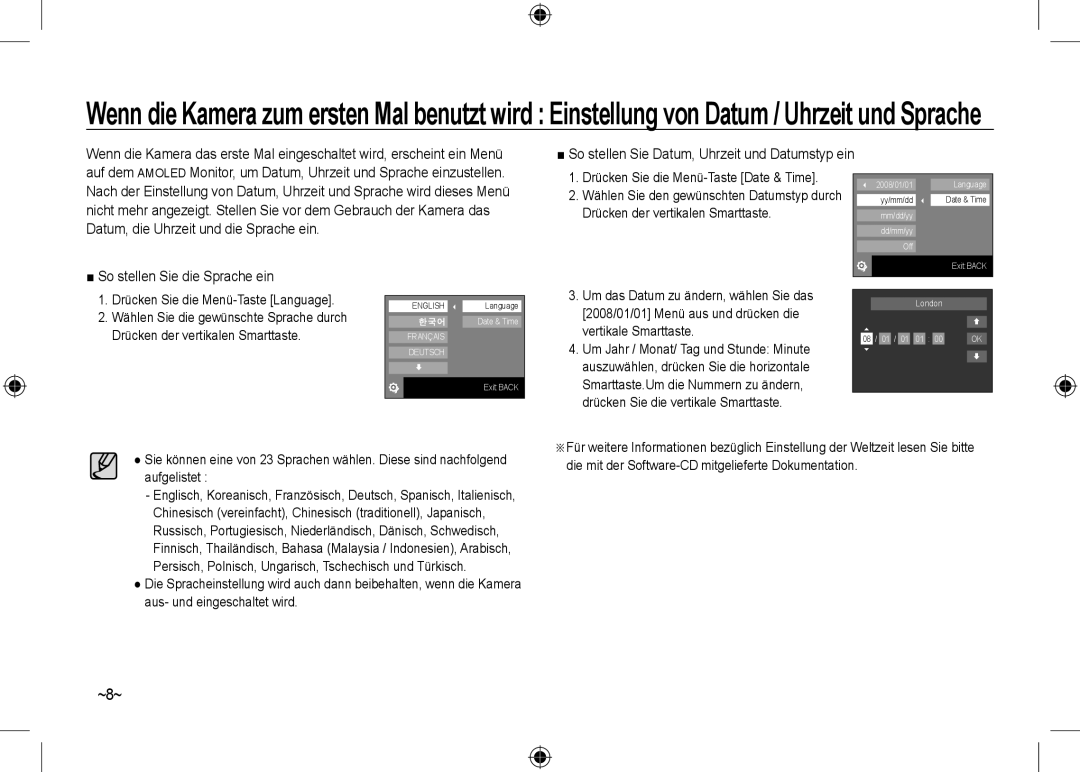 Samsung EC-NV24HSBB/LV, EC-NV24HBBA/E3 manual ~8~, So stellen Sie die Sprache ein, Drücken Sie die Menü-Taste Language 