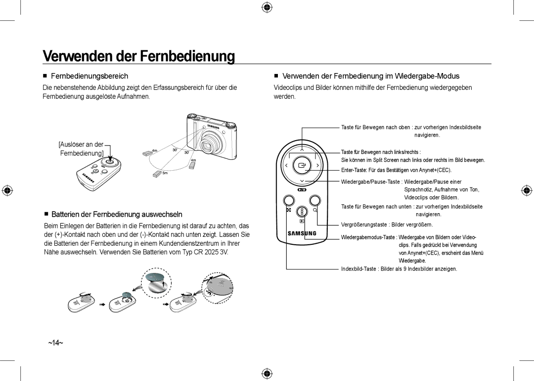 Samsung EC-NV24HBBD/E1 Verwenden der Fernbedienung,  Fernbedienungsbereich,  Batterien der Fernbedienung auswechseln 