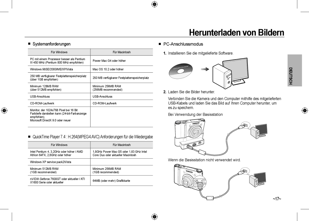 Samsung EC-NV24HBBA/E2, EC-NV24HBBA/E3 manual Herunterladen von Bildern,  Systemanforderungen,  PC-Anschlussmodus, ~17~ 