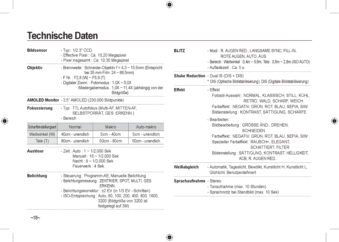 Samsung EC-NV24HSBA/FR, EC-NV24HBBA/E3, EC-NV24HBBB/FR, EC-NV24HBBA/E2, EC-NV24HSBA/E3, EC-NV24HSBA/E2 Technische Daten, ~18~ 