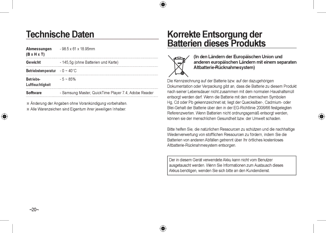 Samsung EC-NV24HSBA/E2, EC-NV24HBBA/E3, EC-NV24HBBB/FR manual Korrekte Entsorgung der Batterien dieses Produkts, ~20~, ~ 40˚C 