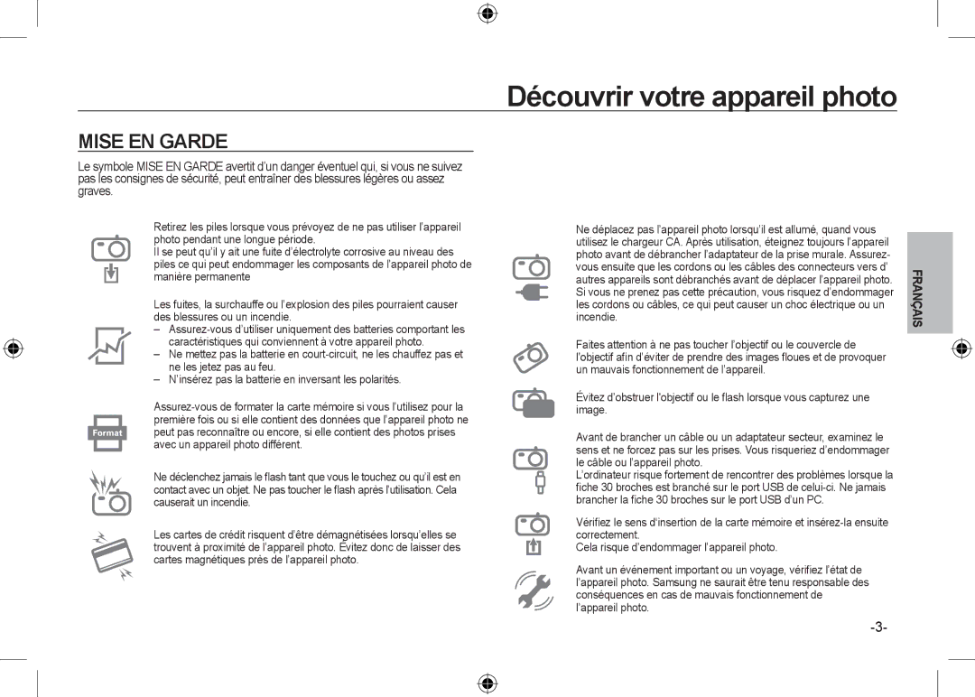 Samsung EC-NV24HSBB/E1, EC-NV24HBBA/E3, EC-NV24HBBB/FR, EC-NV24HBBA/E2, EC-NV24HSBA/FR, EC-NV24HSBA/E3 manual Mise EN Garde 