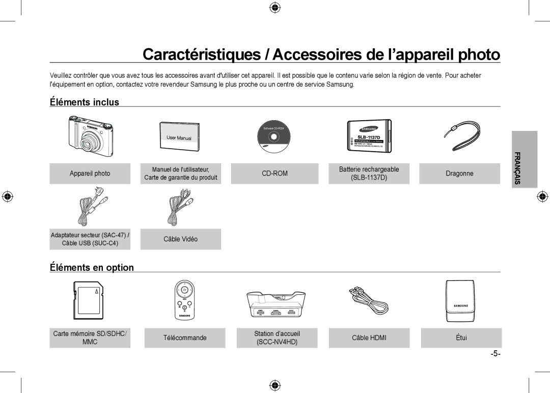 Samsung EC-NV24HBBB/E1, EC-NV24HBBA/E3 manual Éléments inclus, Éléments en option, Appareil photo, Cd-Rom, Câble Hdmi 