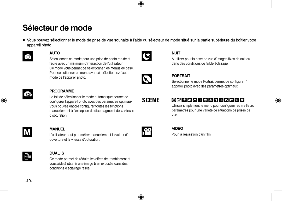 Samsung EC-NV24HSBA/E1, EC-NV24HBBA/E3, EC-NV24HBBB/FR, EC-NV24HBBA/E2, EC-NV24HSBA/FR, EC-NV24HSBA/E3 Sélecteur de mode, Nuit 