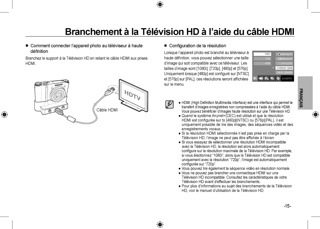 Samsung EC-NV24HBBE/AS Branchement à la Télévision HD à l’aide du câble Hdmi,  Conﬁguration de la résolution, Câble Hdmi 