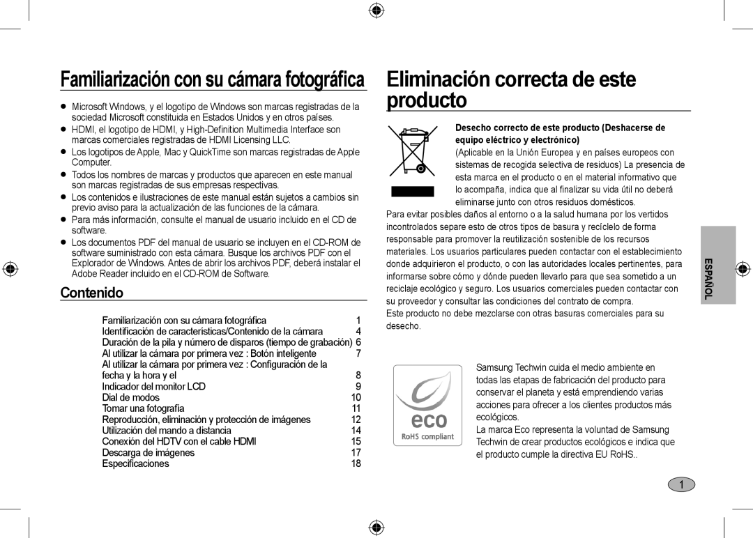 Samsung EC-NV24HSBC/AS, EC-NV24HBBA/E3 Eliminación correcta de este producto, Familiarización con su cámara fotográﬁca 