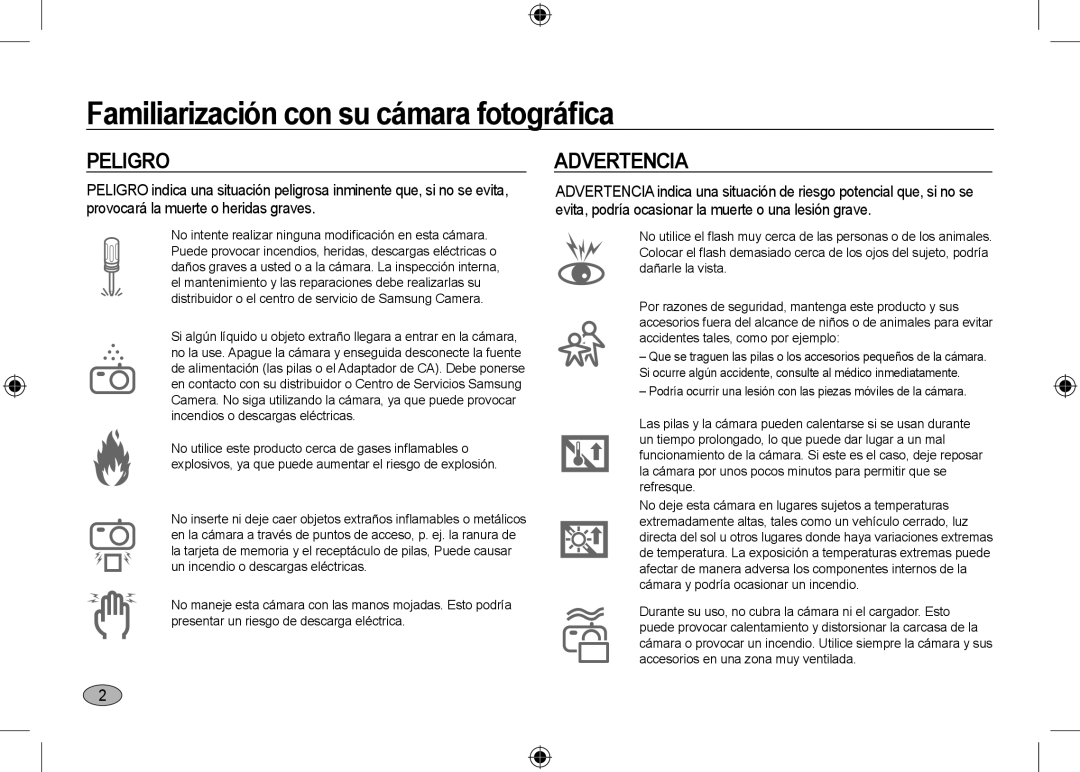 Samsung EC-NV24HSBD/E3, EC-NV24HBBA/E3, EC-NV24HBBB/FR manual Familiarización con su cámara fotográﬁca, Peligro, Advertencia 