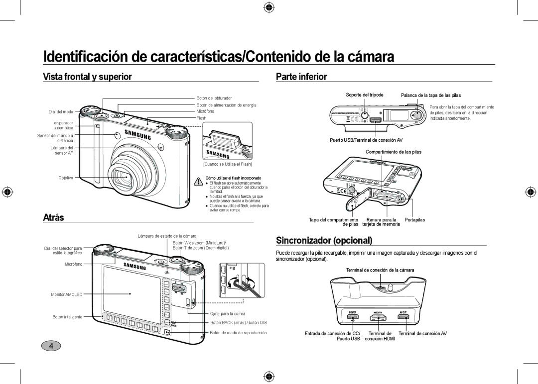 Samsung EC-NV24HBBD/E2 Identiﬁcación de características/Contenido de la cámara, Vista frontal y superior Parte inferior 