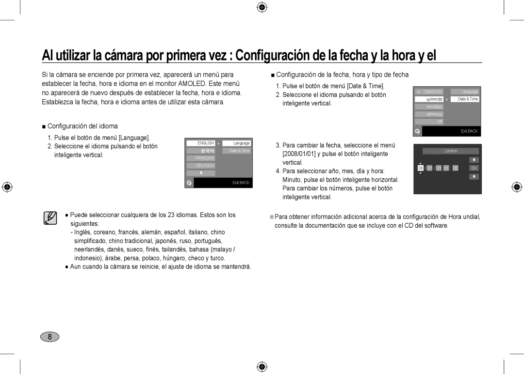 Samsung EC-NV24HBBB/LV manual Configuración del idioma, Pulse el botón de menú Date & Time, Inteligente vertical, Vertical 