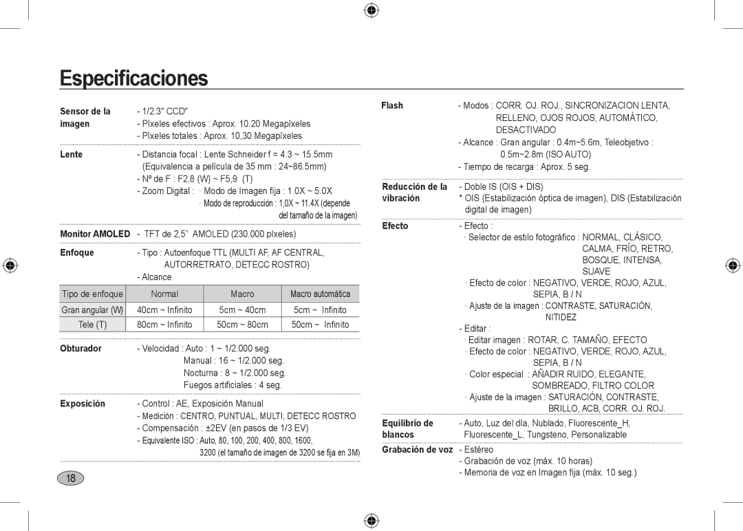 Samsung EC-NV24HBBA/GB, EC-NV24HBBA/E3, EC-NV24HBBB/FR, EC-NV24HBBA/E2, EC-NV24HSBA/FR, EC-NV24HSBA/E3 manual Especiﬁcaciones 