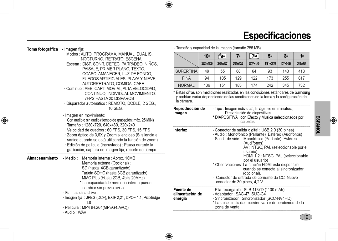 Samsung EC-NV24HBBA/FR, EC-NV24HBBA/E3 Toma fotográfica, Reproducción de, Interfaz, Fuente de, Alimentación de, Energía 